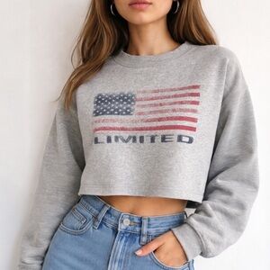 Vintage LIMITED USA Flag Sweatshirt Cropped Gray Boxy Crewneck Americana Size M